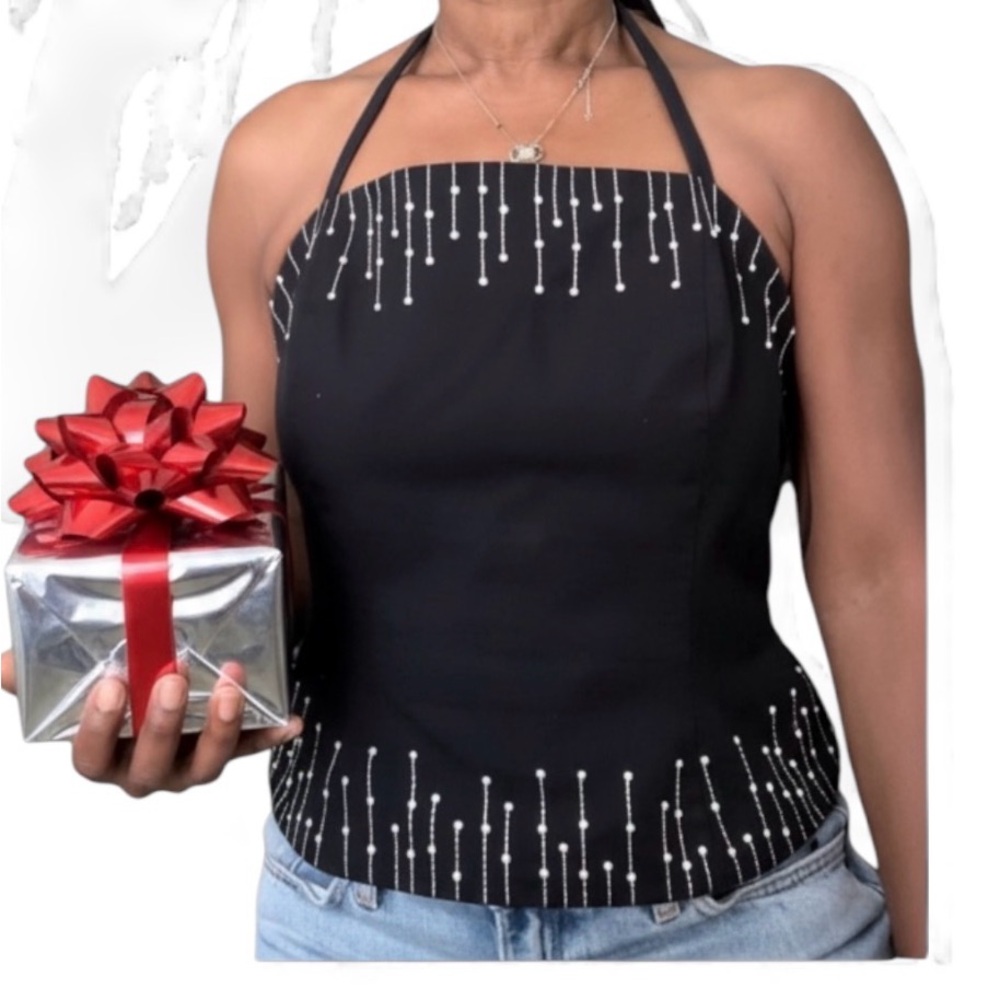 ST. JOHN Pearl drip full zip bandeau Coquette tie-back neck